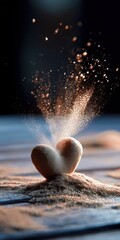 Golden sand heart sitting on ground with rising dust particles