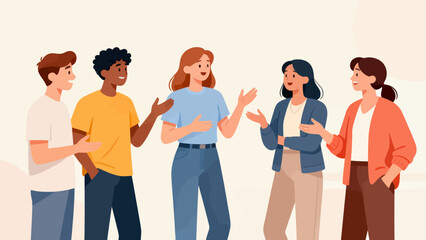 Obraz premium A group of people are standing together and talking. The people are of different ages and genders. Scene is friendly and social