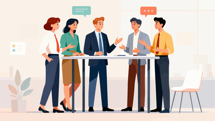 Fototapeta premium A group of people are sitting around a table in a business setting. They are all dressed in business attire and appear to be discussing something important
