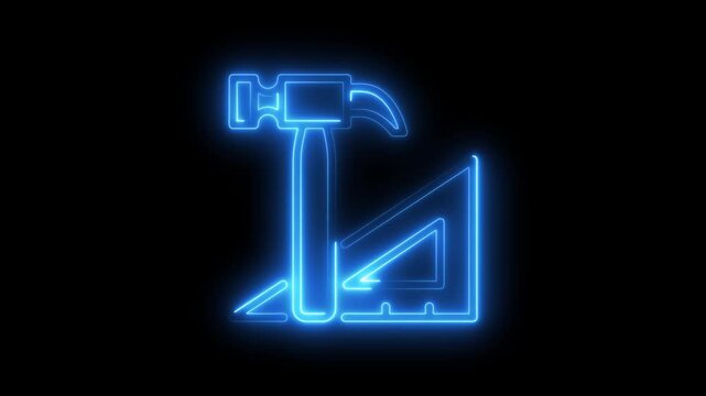 Neon blue glowing hammer and triangle ruler on black background construction tools symbols