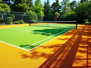 Vibrant tennis court with artificial turf, perfect for outdoor summer fitness and energy-boosting cardio matches,  turf,  exercise