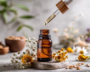 Amber essential oil bottle with dropper and dried flowers on stone surface