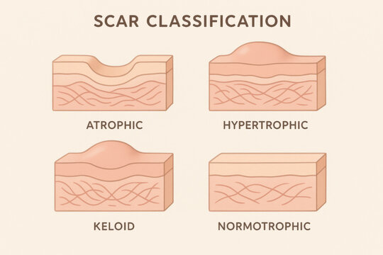 Dermatology scar classification chart with skin elevation and collagen patterns. This flat medical diagram shows atrophic, hypertrophic, keloid, and normotrophic types for education