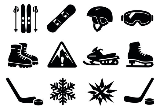 Black silhouette winter sports and equipment set featuring skiing, snowboarding, ice skating, hockey, and snowmobiling icons for seasonal designs