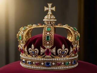 Ornate imperial crown with precious stones and velvet cap