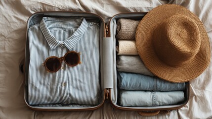 Open suitcase with neatly folded clothes straw hat and sunglasses minimal travel flat lay