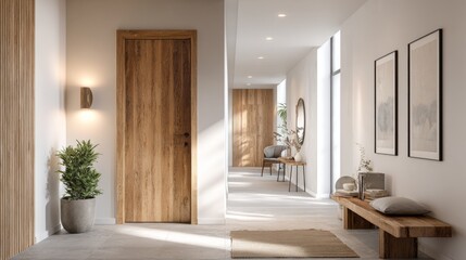 Minimalist entrance hallway interior with wooden door bench decor and natural daylight