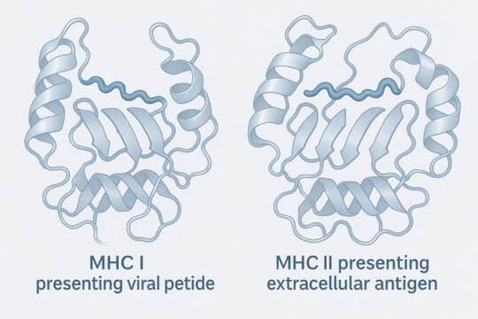 Informative molecular visualization of MHC I presenting viral peptide versus MHC II presenting extracellular antigen. detailed, labeled diagram soft blue tones for science and medical education