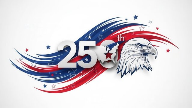 Patriotic USA 250th anniversary graphic with bald eagle head and United States map silhouette. Semiquincentennial celebration design for 2026 Independence Day with red and blue wavy lines.