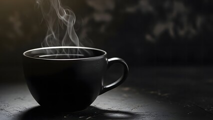 Fototapeta premium Steaming hot coffee in a black mug on a dark background