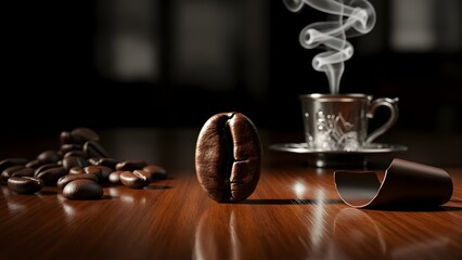 Steaming cup of coffee with chocolate and beans on wooden table