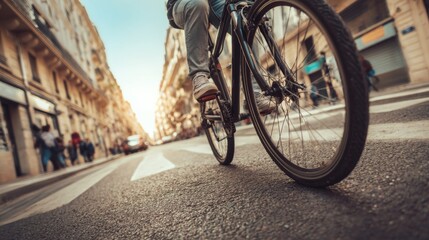 Cyclist riding bicycle on urban street from low angle with motion blur and city atmosphere