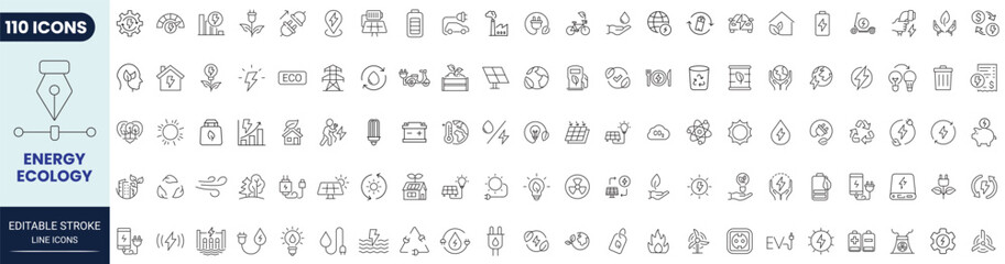Fototapeta premium Energy, ecology line icon set. Includes renewable energy, ecology, green electricity, and more. Editable stroke. Vector illustration.