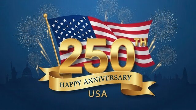 Luxury gold 250th anniversary USA banner with waving American flag and fireworks. Celebration background for United States Independence Day 2026 with city skyline silhouette and copy space