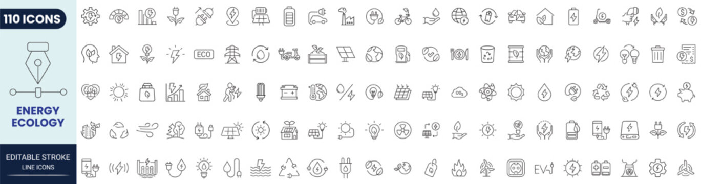 Energy, ecology line icon set. Includes renewable energy, ecology, green electricity, and more. Editable stroke. Vector illustration.