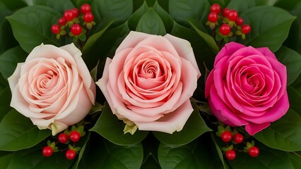 Elegant bouquet of pink roses with green leaves illustration