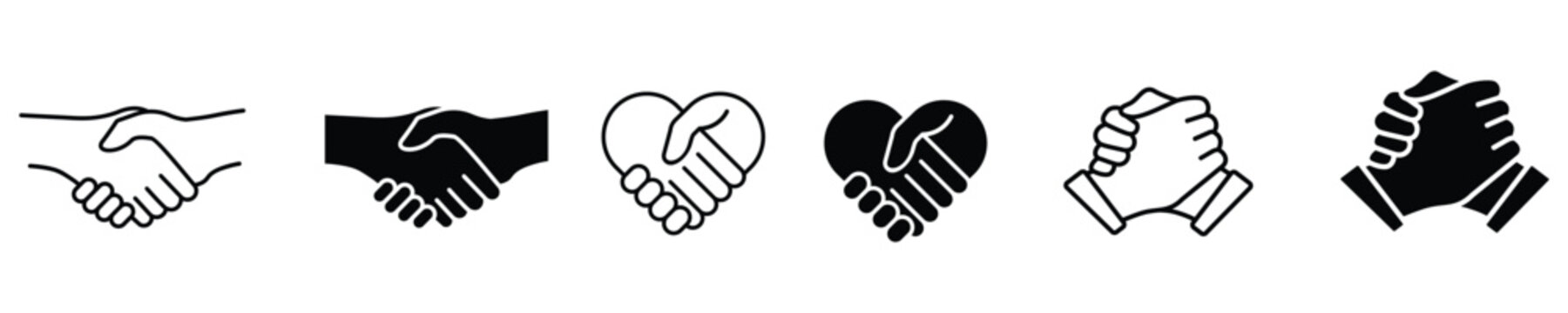 Handshake icon set, containing deal handshake, Business agreement handshake, line and flat style, Friendly, partnership symbol, vector illustration