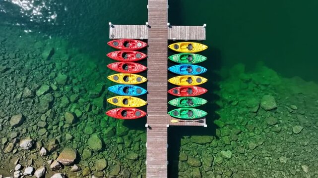 Kayaking adventure at scenic lake aerial view of colorful kayaks on dock nature and outdoor activities
