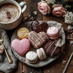 Romantic heart shaped desserts with macarons and hot chocolate on rustic table