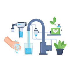 Illustration of a hand washing under a faucet with a water filter and plants nearby on a white background.