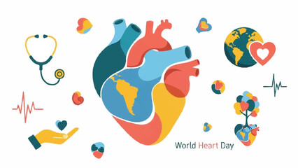 Stylized Human Heart with World Map Inside and Medical Symbols.