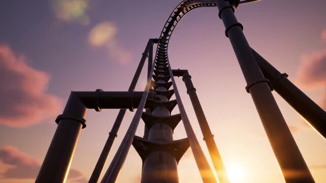 Thrilling roller coaster ride at amusement park captured in stunning sunset aerial view adventure