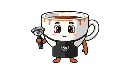 Cute cartoon coffee cup character wearing an apron and holding an espresso portafilter kawaii isolated on a transparent background