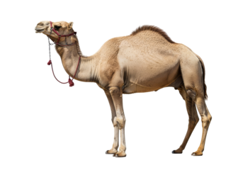 camel portrait with rope halter on white background