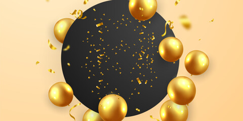 Celebration frame party banner with Gold balloons background. Sale Vector illustration. Grand Opening Card luxury greeting rich.