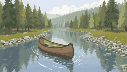 Canoe floats serenely on a calm river surrounded by lush green trees and mountains