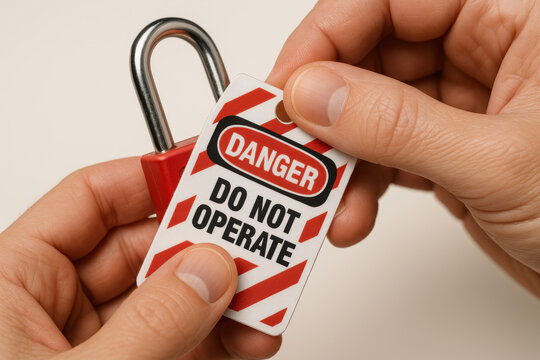 Focused macro shot of hand applying danger tag to lockout padlock during safety procedure, showing correct technique for industrial isolation and protection
