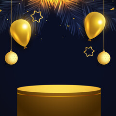 merry christmas occasion banner with 3d podium and balloon design