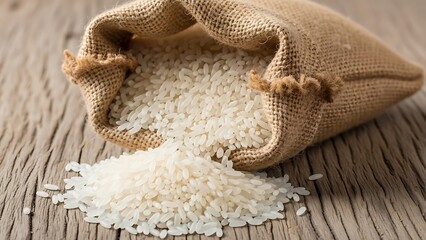 Spilled rice from a burlap sack on a wooden surface illustration