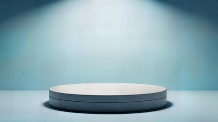 Empty white podium spotlighted on gradient blue backdrop stage