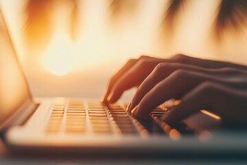 Close up of woman's hands typing on laptop keyboard with a beautiful golden sunset or sunrise in the background. Remote work concept
