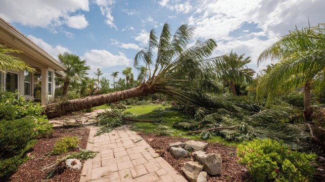 Fallen palm tree in a residential yard after storm damage