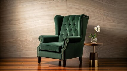 Emerald velvet armchair standing elegantly in cozy interior space