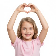 Pure Joy and Innocent Love: A Radiant Little Girl Making a Heart Shape Gesture Above Her Head, Symbolizing Hope, Kindness, and Universal Connection on a Clean White Studio Background