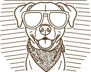 Cool dog wearing sunglasses and patterned bandana with striped background line art illustration