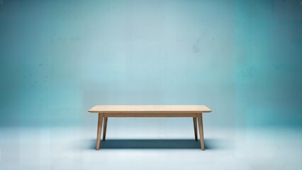Minimalist wooden bench standing alone in soft blue gradient