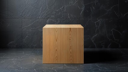 Wooden Cube Displayed on Textured Dark Marble Background