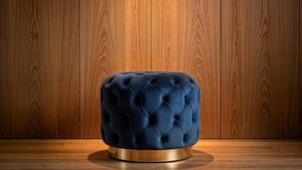 Elegant Blue Tufted Ottoman with Gold Base on Wood