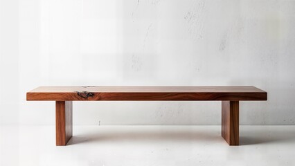 Minimalist wooden bench resting against plain white wall