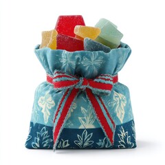 Colorful candies overflowing from a decorative cloth bag with a red bow
