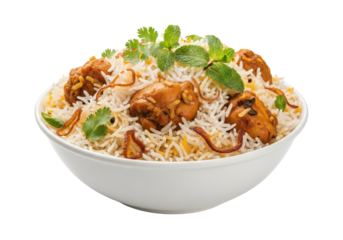 chicken biryani in white bowl with cilantro garnish