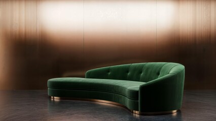Elegant Green Velvet Curved Sofa with Brass Base in Studio