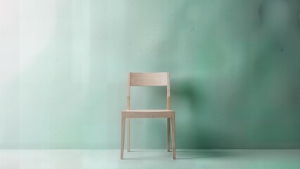 Minimalist wooden chair standing alone in soft pastel room