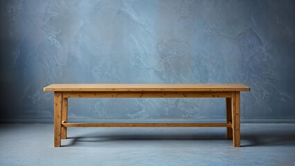 Rustic Wooden Dining Table in Front of Textured Blue Wall
