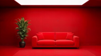 Red Sofa and Plant in Vivid Red Room with Soft Lighting