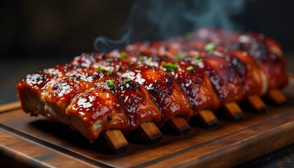 Hot Barbecue Ribs with Glaze and Garnish &ndash; Steaming Meat on Wooden Board for Food Styling and Restaurant Menus